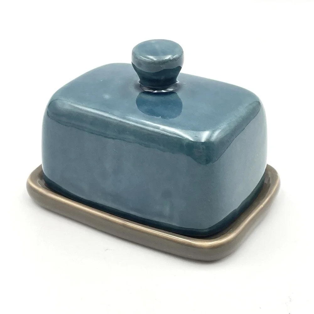 Threshold Mini Teal Blue Stoneware Covered Butter Dish Gray Tray Lid 4